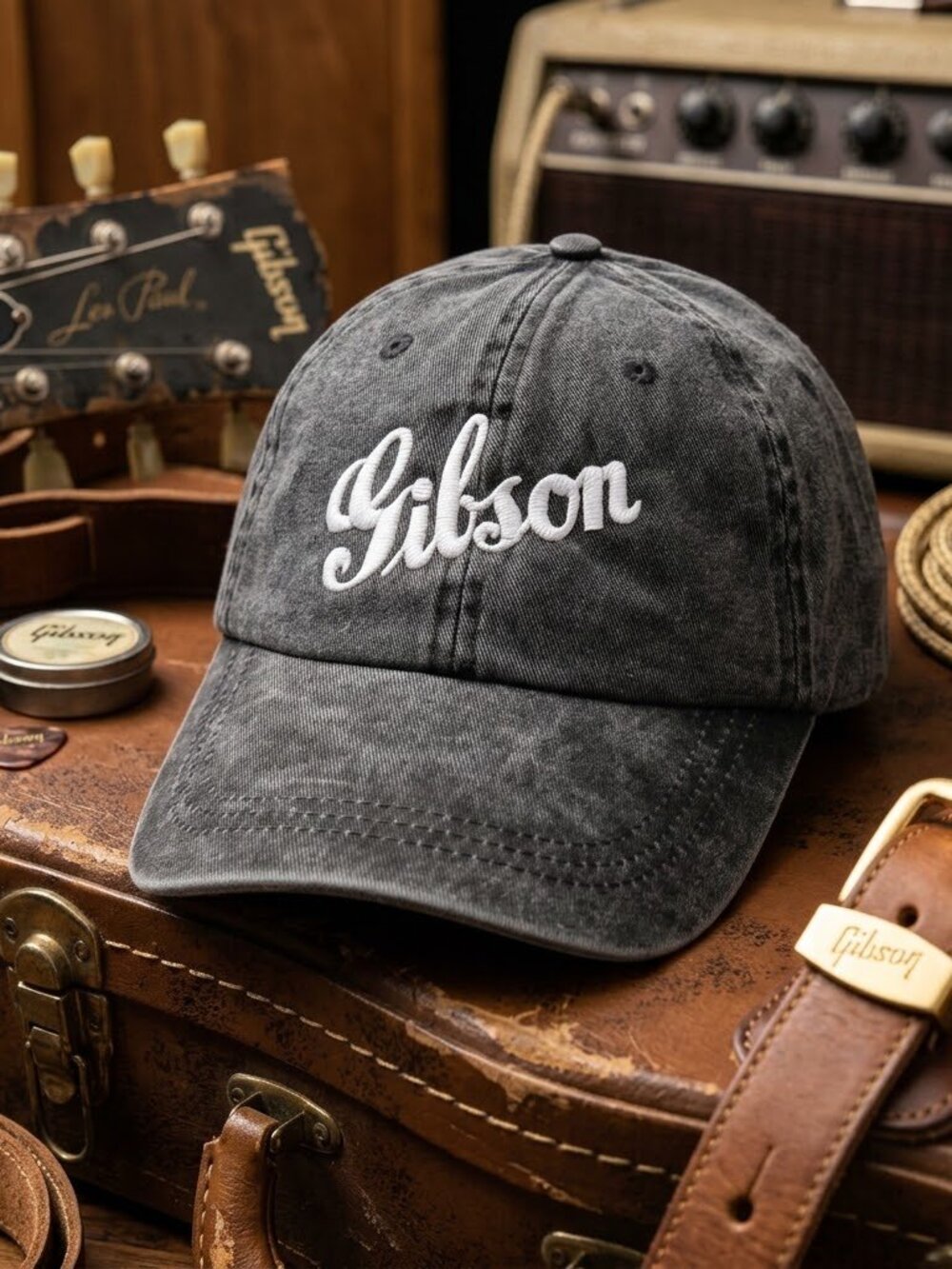 Retro Vintage Gibson Guitars Script Washed Black Denim Dad Hat Baseball Cap New